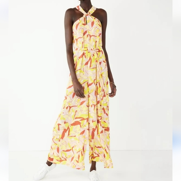 2X XXL Nine West Yellow Pastel Pink 70s Wide Leg Halter Mod Floral Jumpsuit - Picture 1 of 9